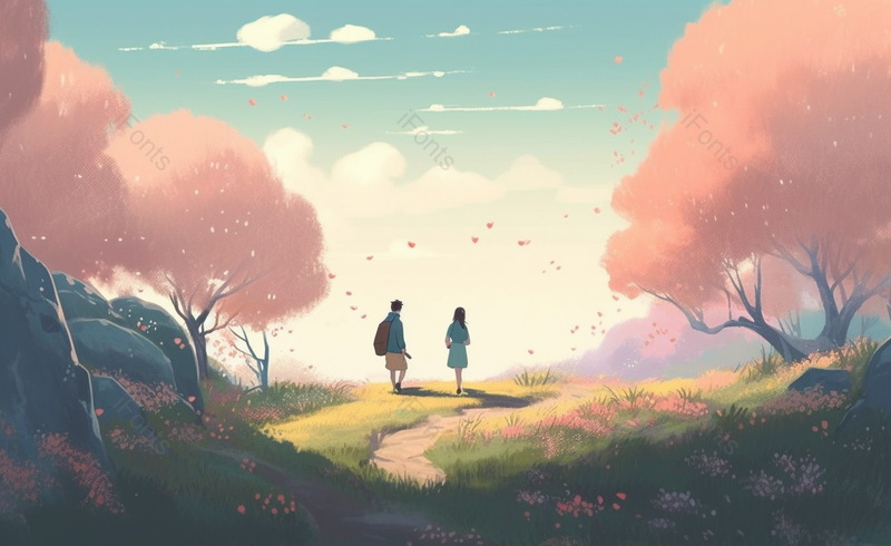 唯美情人节浪漫情侣意境户外场景手绘插画青春活力漫步,插画/手绘图,插画/手绘图库,插画/手绘图下载,插画/手绘